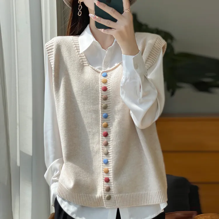 彩色扣休闲春毛衣马甲针织开衫女秋无袖叠穿坎肩外套复古马夹背心