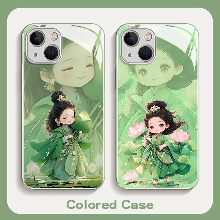 夏日荷花女孩手机壳适用苹果15Pro玻璃壳/华为oppo小米14vivo全包