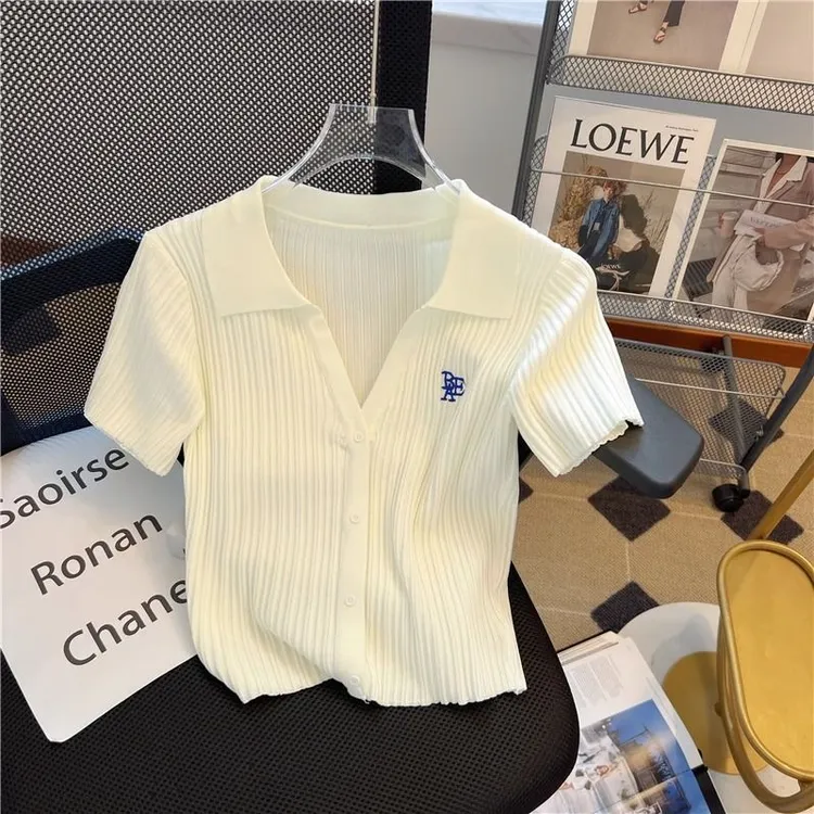 冰丝针织polo衫短袖T恤女夏季2025新款修身显瘦刺绣短款v领上衣潮
