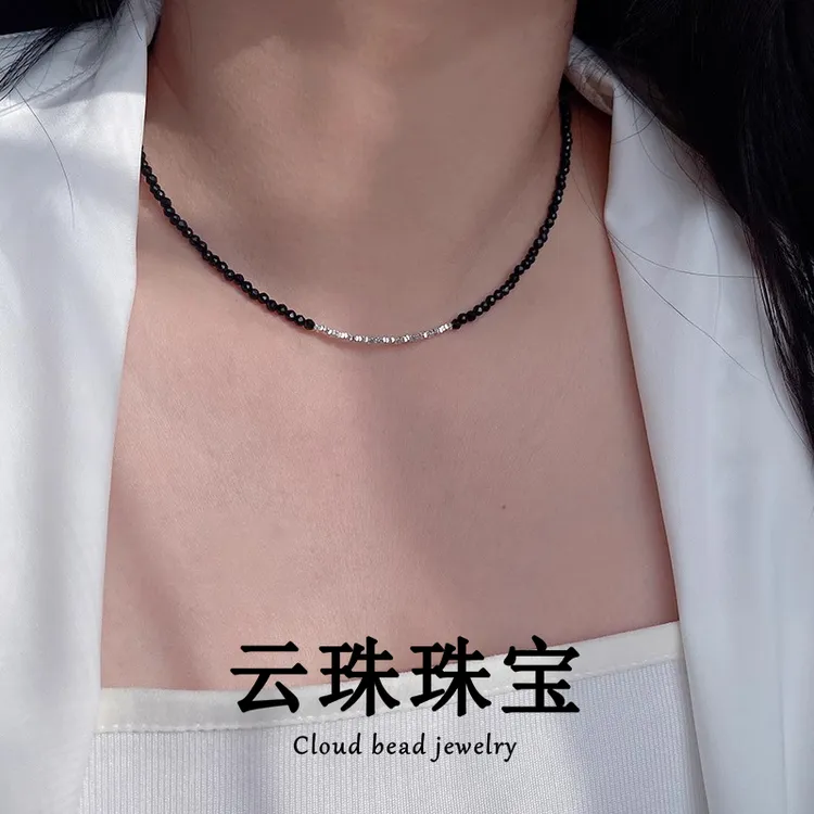 S925纯银碎银几两黑色尖晶石女款项链2024新款轻奢小众高级锁骨链