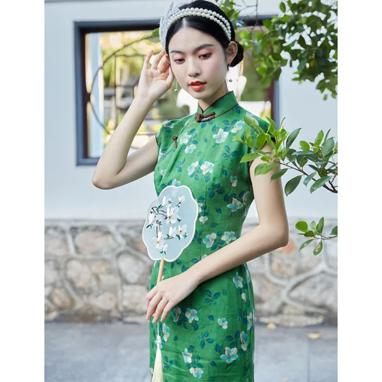 中国风复古改良旗袍《山茶花》小清新绿色苎麻优雅气质旗袍显瘦夏款