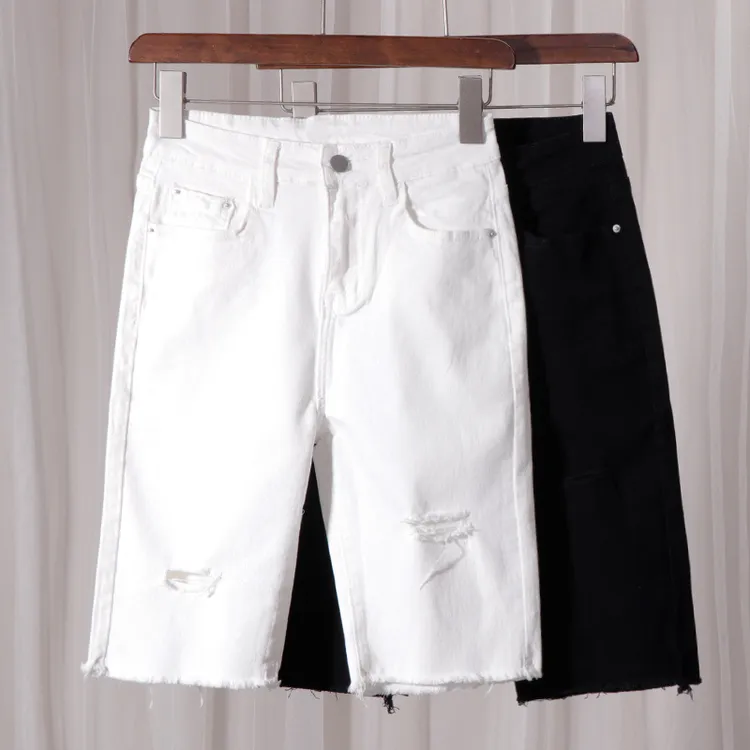 破洞五分裤紧身骑行牛仔裤女夏短裤直筒港味韩版显瘦网红弹力中裤