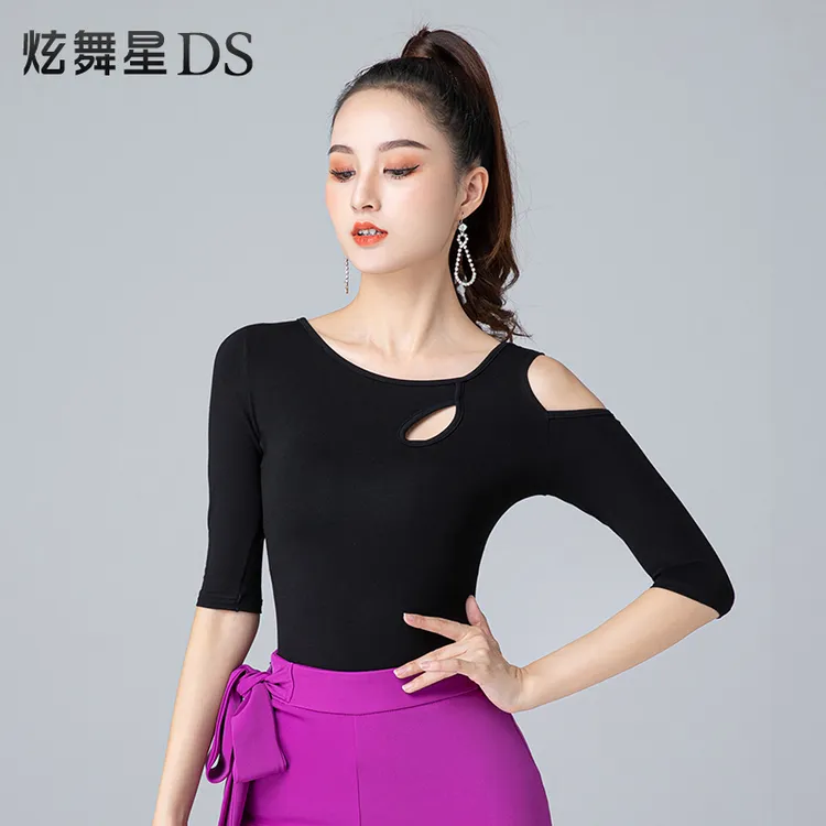 拉丁舞上衣新款露肩摩登舞上装弹力修身跳舞衣服黑色形体训练服秋
