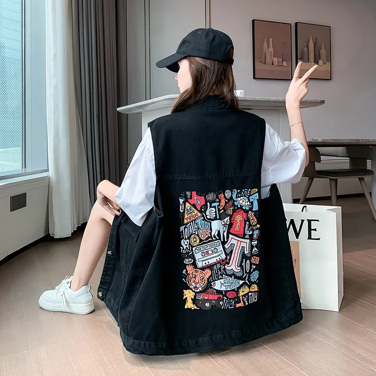 春秋百搭款大码宽松印花设计牛仔马甲韩版无袖牛仔外套200斤可穿