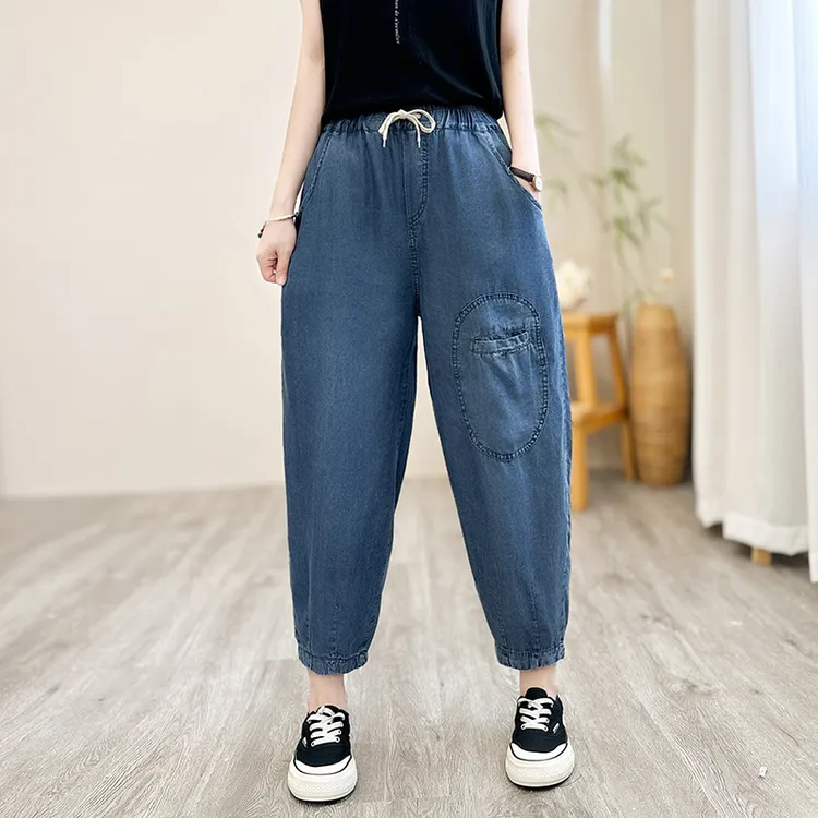 395蓝#2024夏季文艺复古做旧磨白牛仔中裤松紧腰贴布拼接八分裤