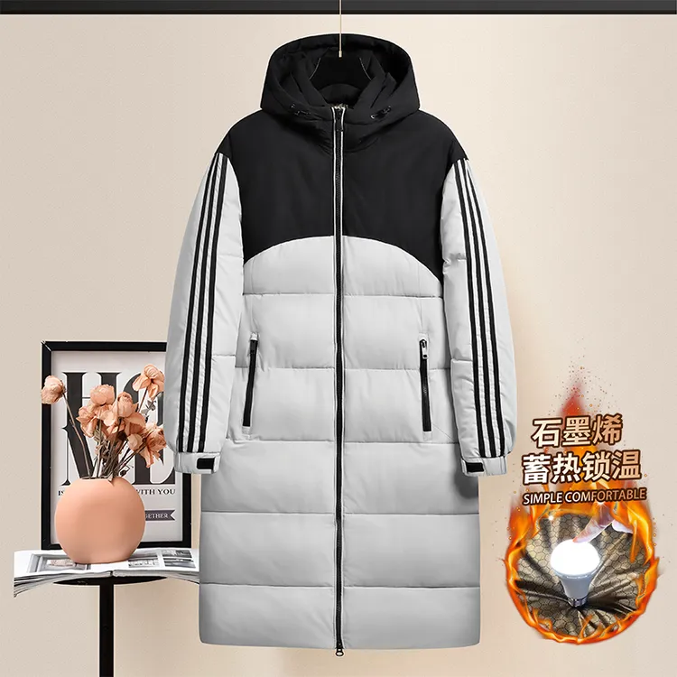 2024冬季新款连帽双中长款宽松过膝棉衣三条杠石墨烯情侣外套棉服