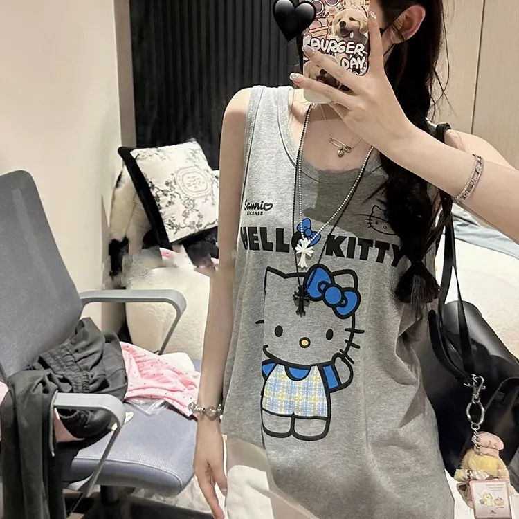 夏季吊带半身失踪卡短袖女显瘦印花背心夏季宽松学生美式无袖上衣