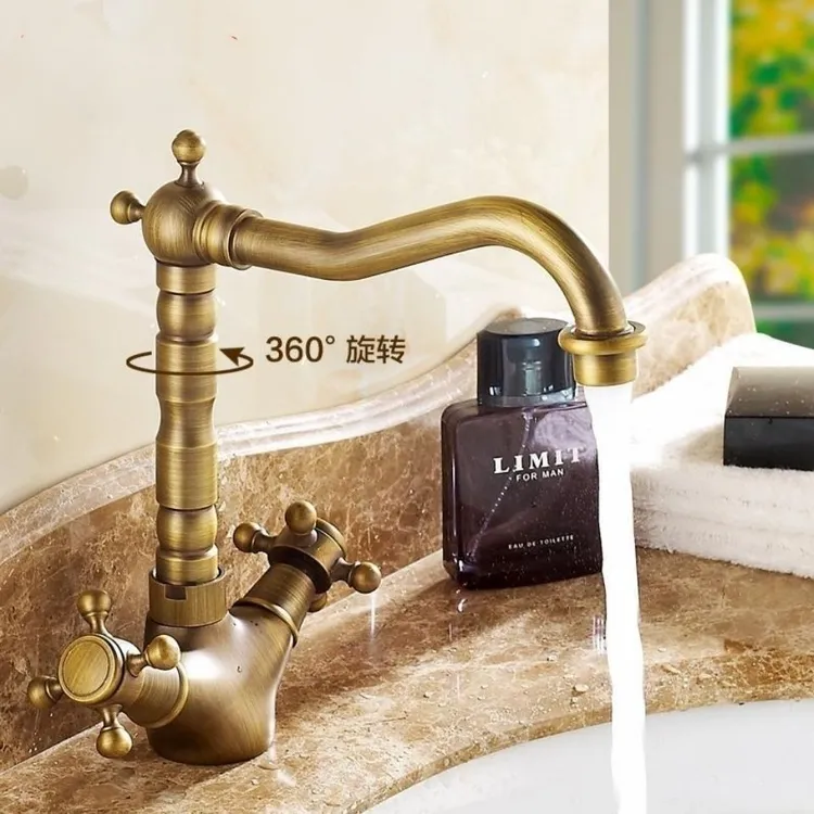 欧式仿古卫生间全铜面盆冷热水台上盆洗菜盆复古水龙头可旋转黄铜