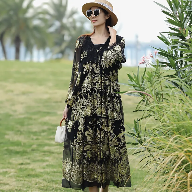 拜占庭的森林桑蚕丝连衣裙女大码宽松180斤亮片刺绣气质黑色长裙 