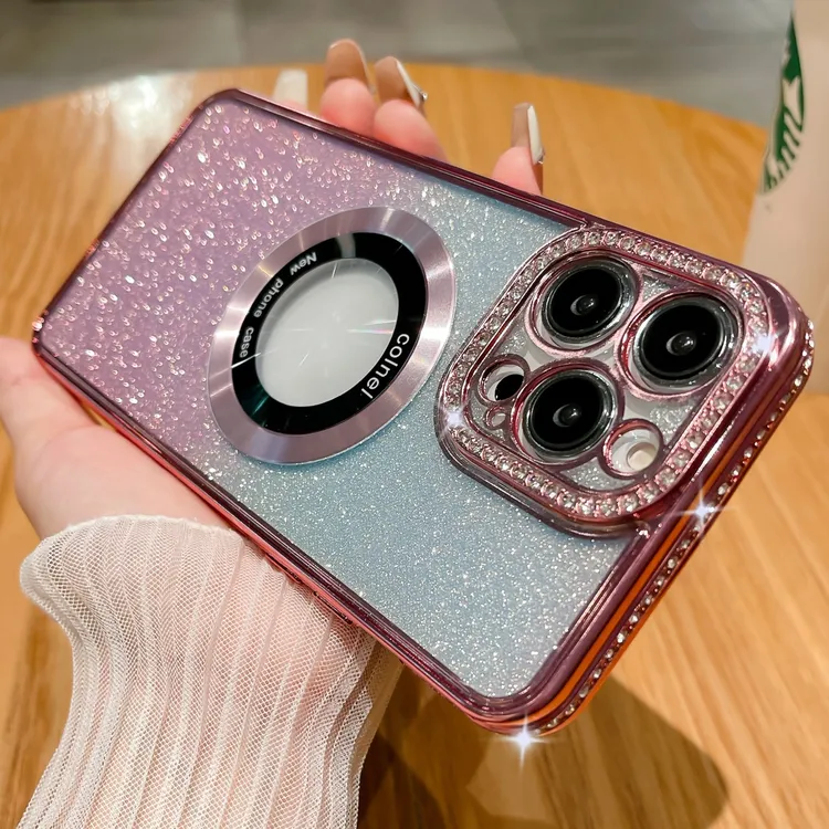 适用苹果系列iPhone14网红新款电镀手机壳水钻渐变闪粉磁吸奢华13
