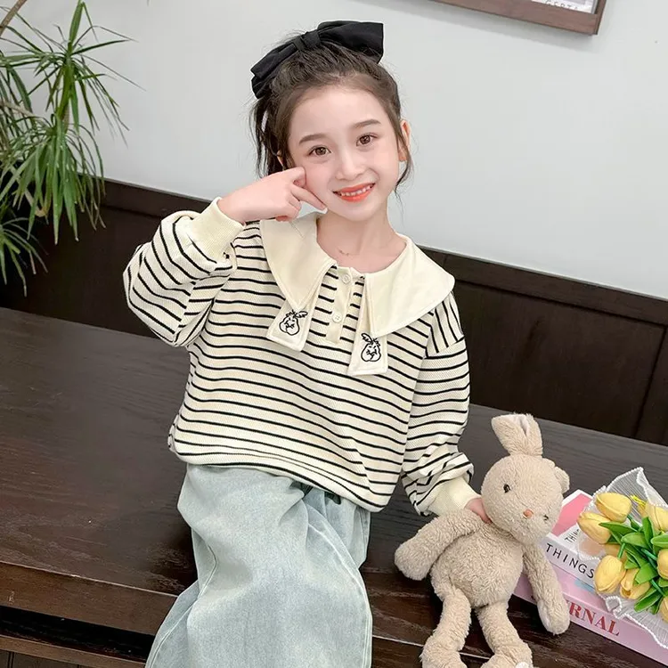 秋季休闲运动风女童长袖卫衣洋气网红秋款儿童百搭拼色条纹上衣潮