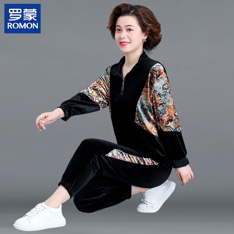 罗蒙妈妈春季金丝绒上档次运动套装新款中老年女装春装洋气两件套