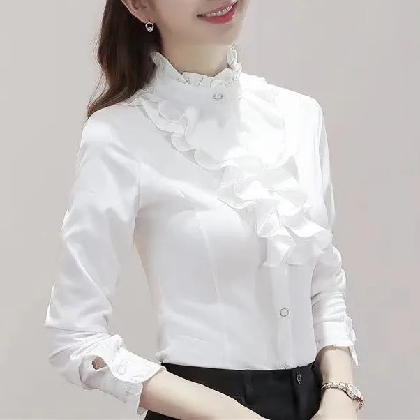 气质时尚上衣韩版女士立领长袖衬衫OL职业装修身打底衫荷叶边衬衣