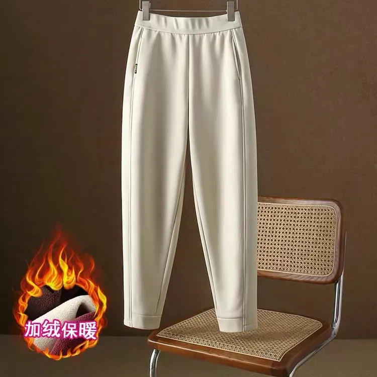 高品质白色妈妈裤女2024秋冬加绒哈伦裤高腰显瘦直筒休闲卫裤小脚