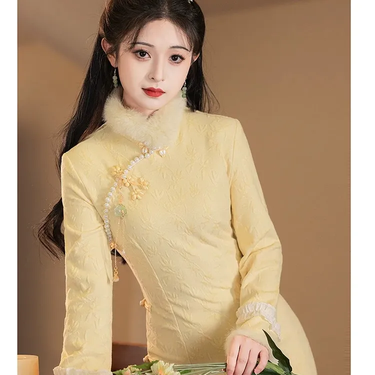 桂花奶香真兔毛边针织提花少女中式国风改良甜美旗袍裙