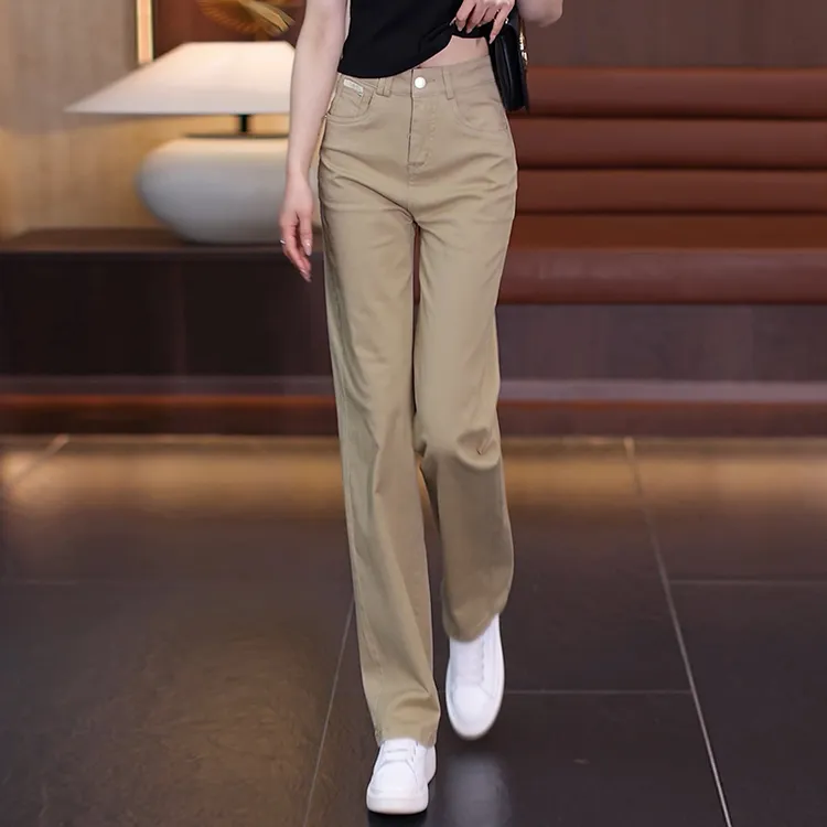 卡其色牛仔直筒裤女秋冬2024新款爆款小个子高腰加绒休闲阔腿裤子