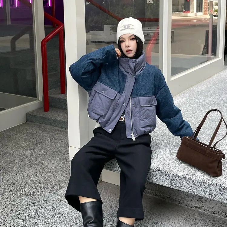 冬季新款复古拼接立领短款女保暖面包服洋气时尚设计感外套潮