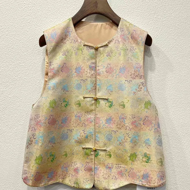 无袖民族风提花常规款中式桑蚕丝女款马夹单盘扣