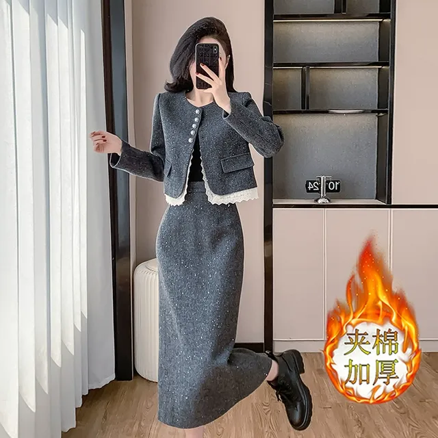 时尚气质灰色小香风套装裙女秋冬季穿搭一整套高级感半身裙两件套