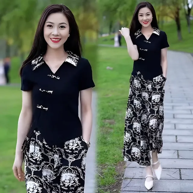 中国风复古盘扣短袖时尚套装女士2025夏装新款洋气阔腿裤裙两件套