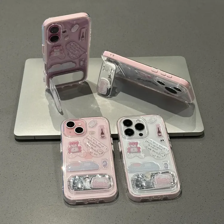 粉熊滴胶贴纸支架适用苹果16Promax手机壳全包苹果15/14撞色软壳