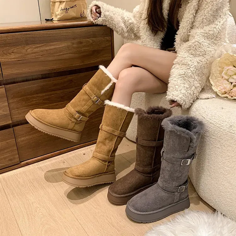 长筒厚底雪地靴2025加绒加厚增高百搭厚底棉鞋两穿翻毛防滑雪地靴