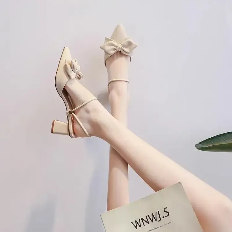 包头凉鞋女款外穿2025年夏季新款两穿半拖尖头蝴蝶结小高跟凉拖鞋