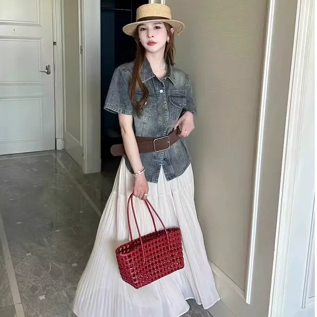 复古港风牛仔衬衫套装女夏季韩系收腰短袖上衣气质温柔收腰半身裙
