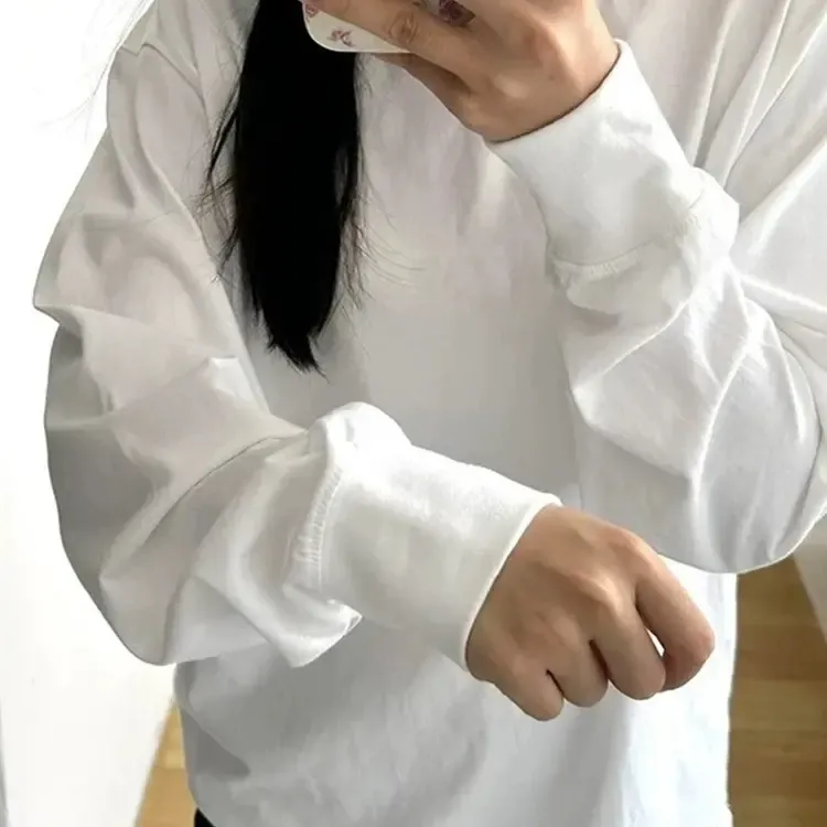 纯白色纯棉长袖T恤春秋季重磅内搭打底衫宽松圆领休闲百搭上衣男