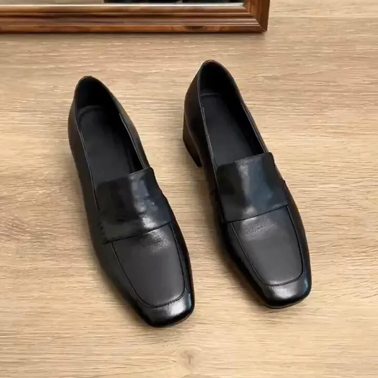 羊皮版~时尚简约中跟乐福鞋百搭通勤黑色高级小皮鞋复古方头单鞋