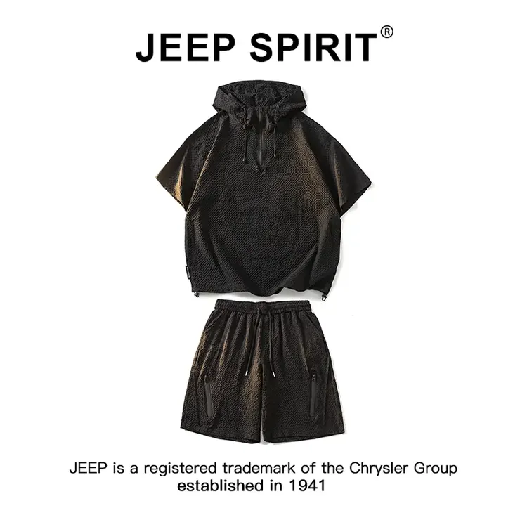 JEEPSPIRIT吉普泡泡纱连帽短袖套装男夏季宽松百搭T恤短裤两件套