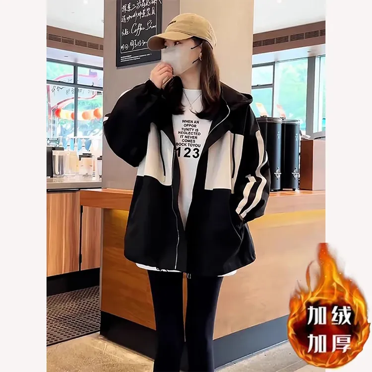 加绒加棉冲锋衣女冬季休闲宽松百搭短款防风加厚款外套061