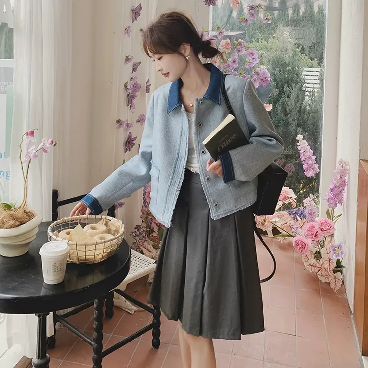 蓝色韩系小香风外套女春秋季新款独特超好看名媛气质夹克上衣