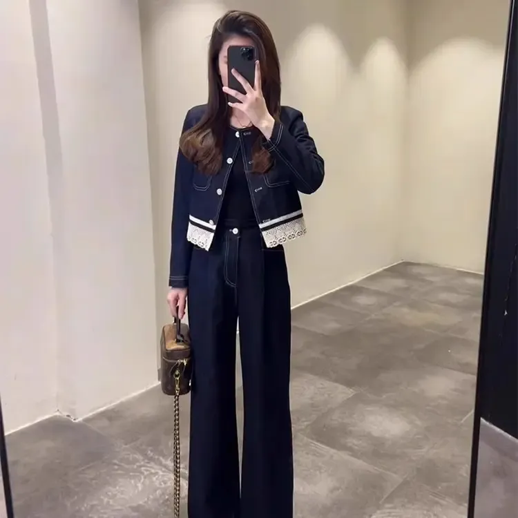 开春穿搭一整套时尚休闲减龄牛仔套装女上衣阔腿裤气质超火两件套