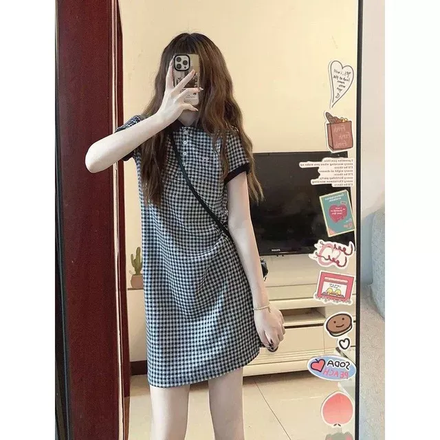 胖MM大码法式复古polo领格子连衣裙女夏季学院风300斤显瘦中长裙