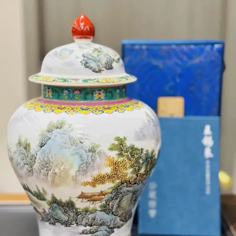 景德镇陶瓷江山万里薄胎透光手工家用新中式手绘珐琅彩装饰品摆件