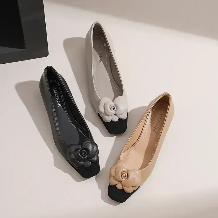 AMEINOR2025夏季新款小方头花朵精致真皮软底舒适低跟浅口单鞋