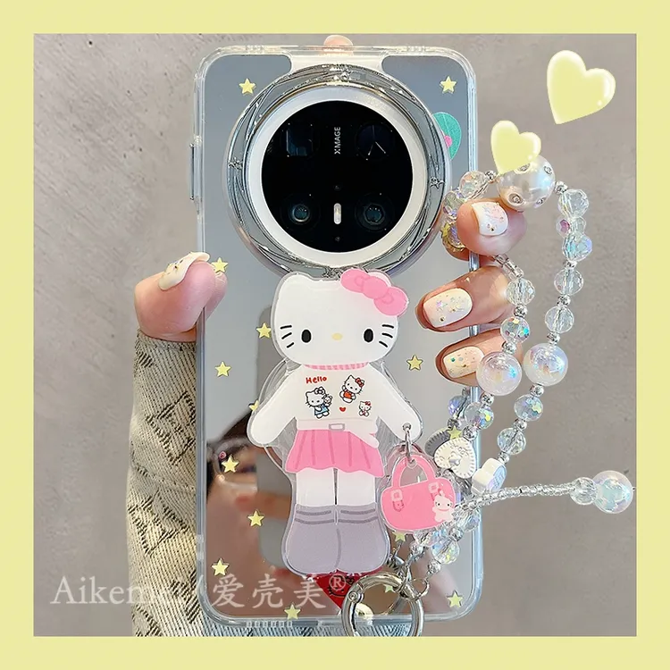 适用华为mate70pro+手机壳星星拎包mate60pro+粉色kt猫支架链条