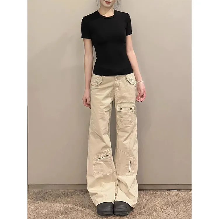 大码美式高街多口袋工装牛仔裤女夏季高腰宽松阔腿显瘦直筒拖地裤