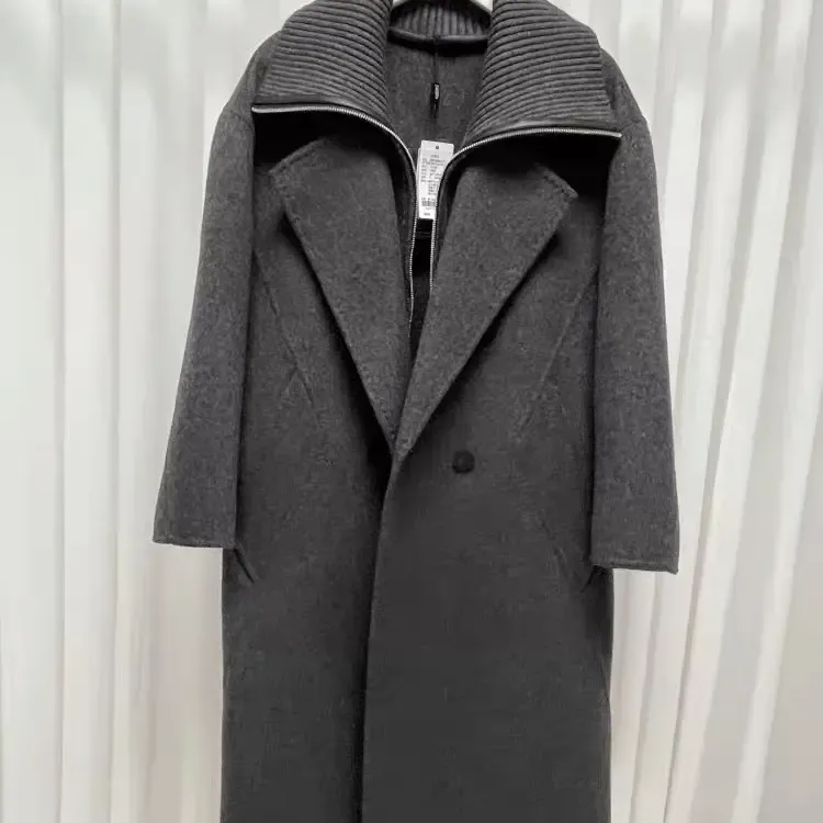 高级感双面羊绒大衣女25冬新款灰色大翻领拼接假两件可脱羊毛外套