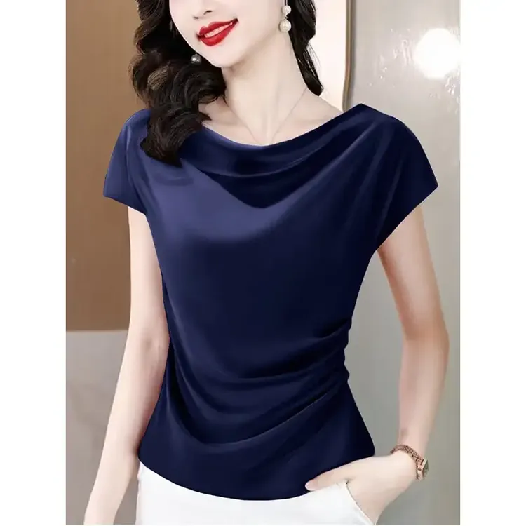 感醋酸缎面短袖t恤女2025夏季新款褶皱收腰上衣时尚洋气小衫