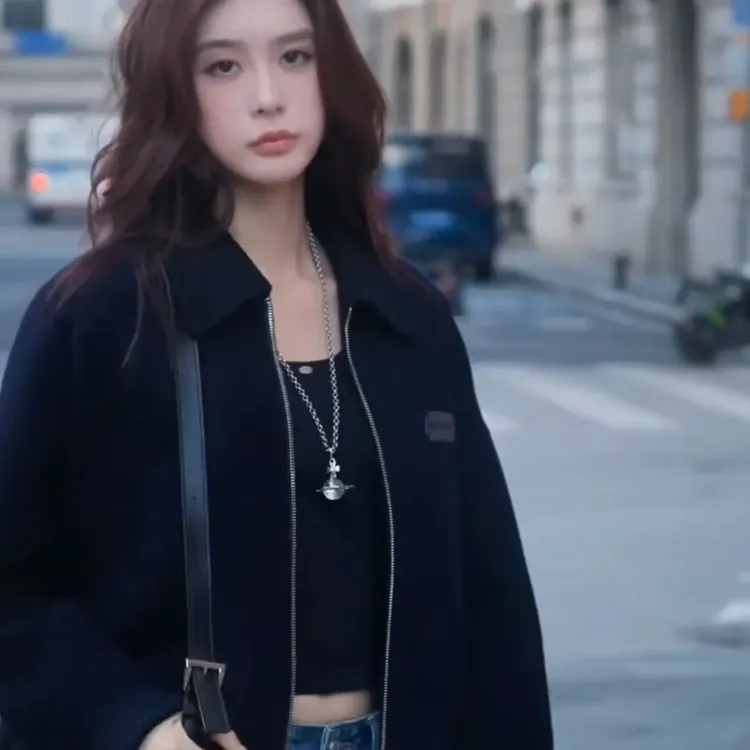 翻领春季开衫女士开衫款长袖短款气质纯色拉链毛呢外套衣