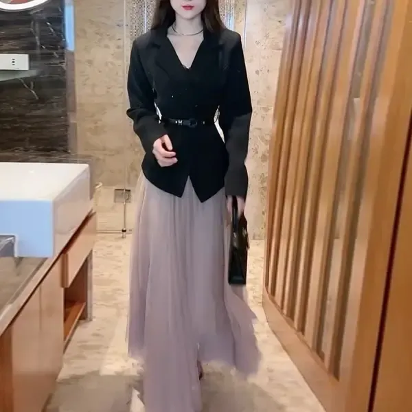 #1485设计感休闲显瘦西装外套搭配网纱半身裙秋季套装