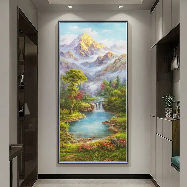 金山聚宝盆山水风景画手绘油画美式玄关装饰画走廊过道正对门挂画