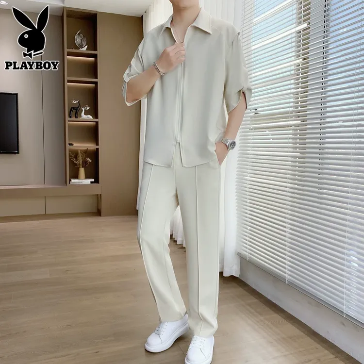 花花公子夏季休闲运动套装男士潮流垂感拉链短袖衬衫长裤搭配一套