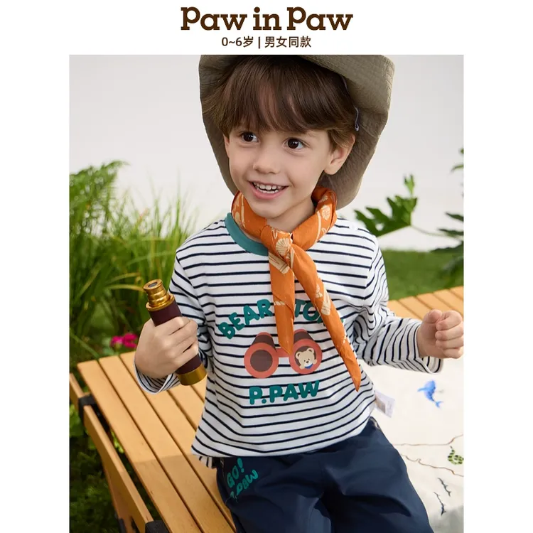 【达人专属】PawinPaw小熊25年春新款圆领长袖条纹T恤PCLAF2293E