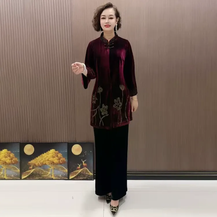 2530复古新中式中老年女装外套春秋中长款金丝绒风衣50110-50160