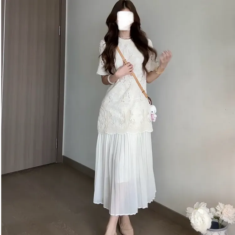 法式重工镂空钩花连衣裙夏季洋气百褶显瘦裙子女气质长裙AM25059