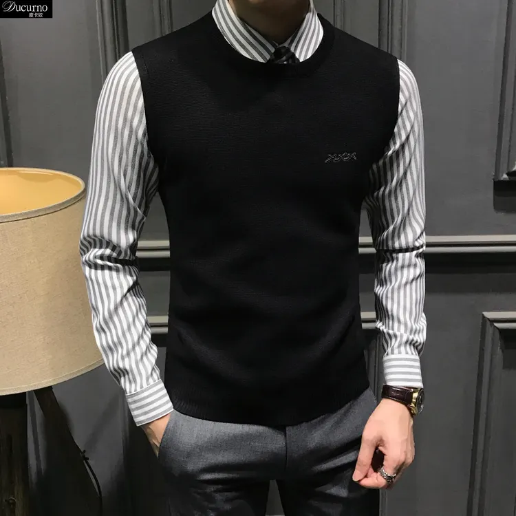 秋冬假两件毛衣男士条纹拼接长袖针织衫时尚休闲修身打底毛衫中年