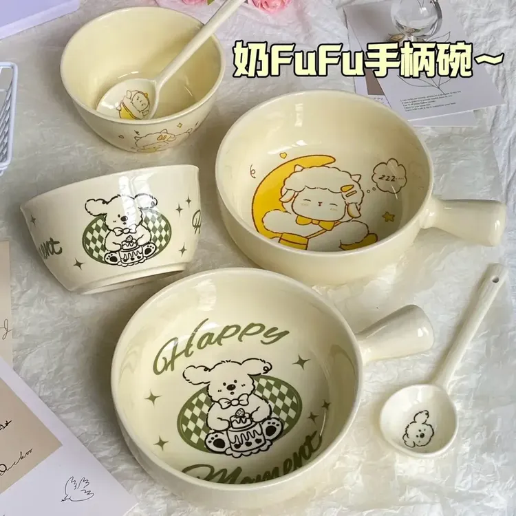 奶油修动物餐具高颜值釉下彩陶瓷泡面碗手柄碗饭碗勺筷家用创意碗